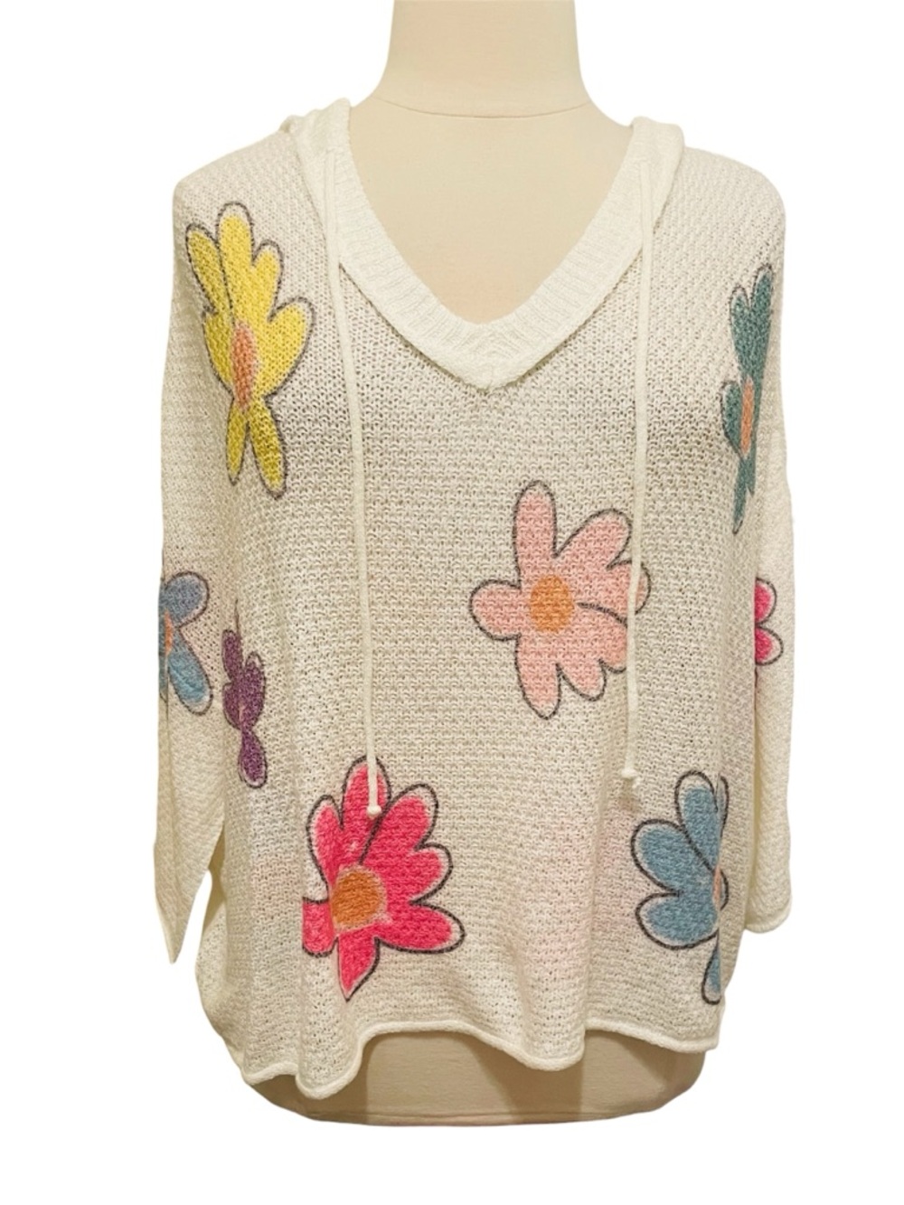 POL Oversized White Floral Knit Hoodie Sweater M-2X